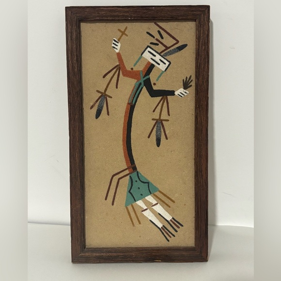 Vintage Native American Indian Traditional Sand Art Painting Wall Hanging 13 X 7 - Picture 1 of 5